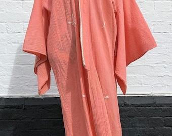 1920s Japanese Silk Kimono Robe: Coral Pink Cherry Blossom Embroidery