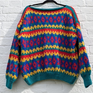 Vintage Wool Jumper: Colorful Geometric Knit, Size S/M