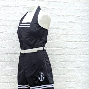 Hell Bunny Vixen Nautical Rockabilly Halterneck Playsuit with Anchor Embroidery & White Belt – Size Large