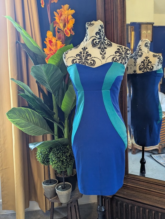 Vintage 90s Blue & Teal Bodycon Dress UK 8