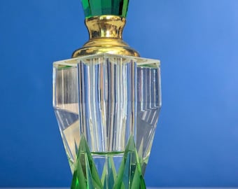 Vintage Art Deco Green Glass Perfume Bottle, Emerald Faceted Scent Bottle with Dauber
