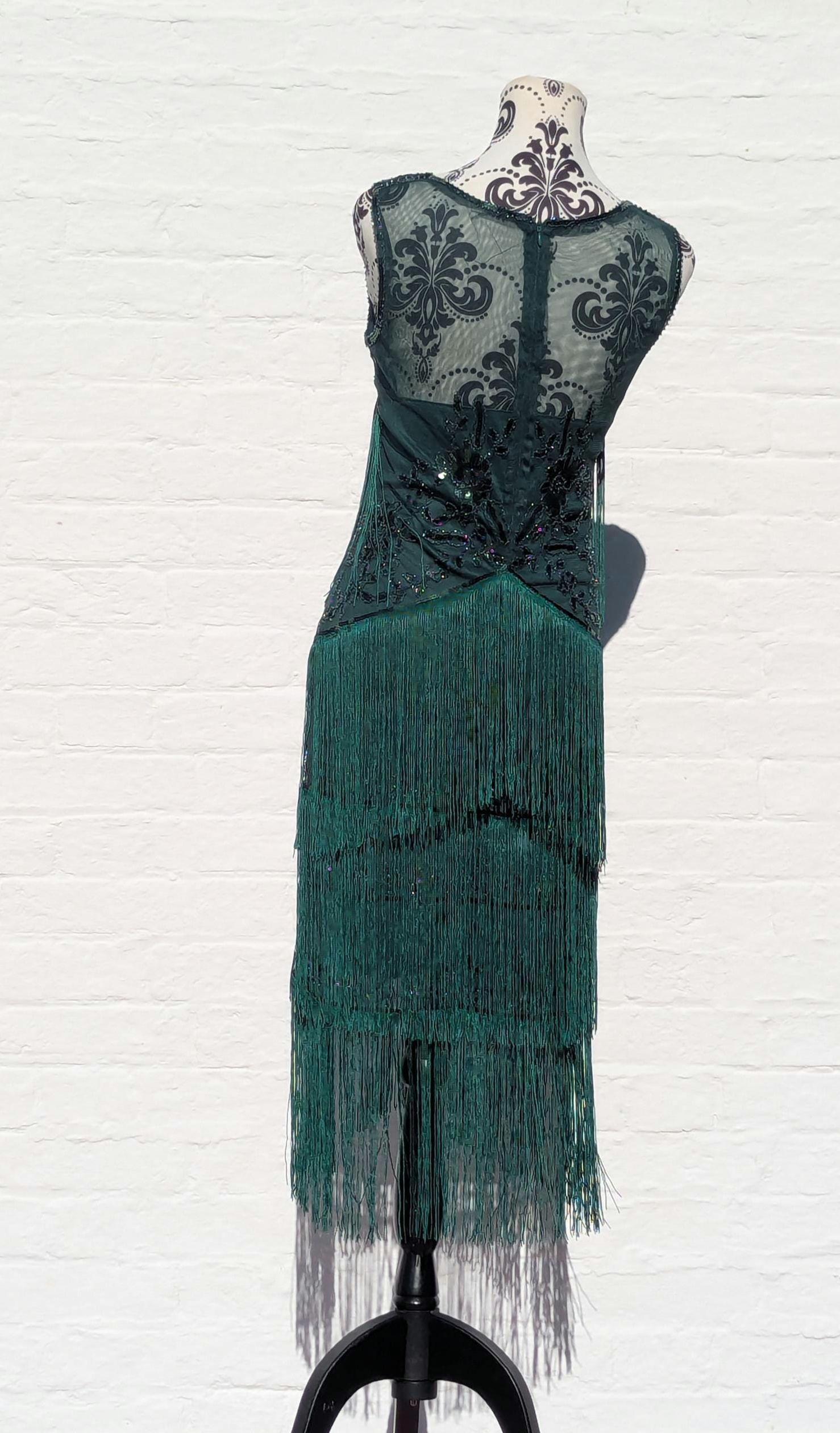 Vintage 1920s Style Emerald Green Flapper Dress UK 6–8 Gatsby Fringe ...