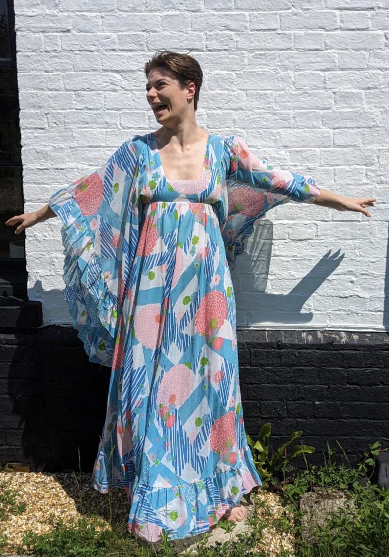 Vintage 70s David Silverman Maxi Dress: Floral Angel Sleeve Boho Gown ...