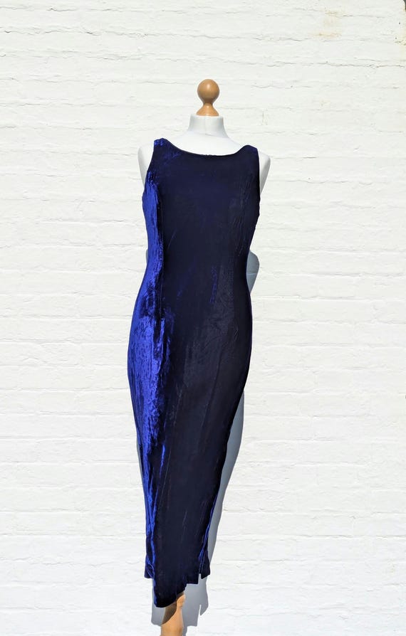 Vintage Electric Blue Velvet Maxi Dress by Richards | UK 10-12 | Sleeveless Evening Dress