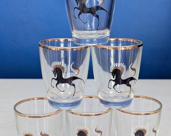 Mid Century Black Horse Shot Glass Set: Gold Rimmed Retro Barware