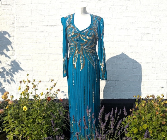 turquoise and gold sequin dress Vintage 1980s Blue Dress, & Silver Beaded, UK 10-12 %0D%0AColour%20may%20vary%20due%20to%20lighting%20on%20images