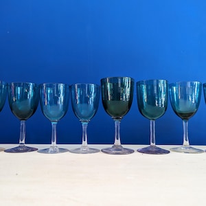Mixed Assortment of 8 Victorian Teal Blue Crystal Wine Glasses