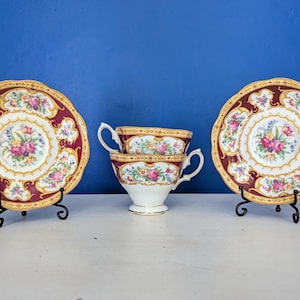 Vintage Royal Albert Lady Hamilton Teacup & Saucer Set: Maroon Floral Bone China