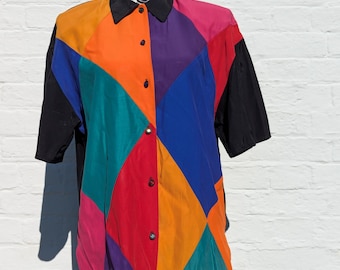 Vintage Melrose Harlequin Shirt |Acetate Rayon | Gem-Button Blouse | UK Size 12