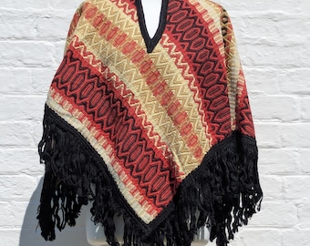 Vintage 1960s–70s Spanish Woven Poncho Cape with Tassels | Boho Festival Cape