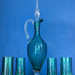 Vintage Turquoise Empoli Glass Decanter Set with 4 Tumblers