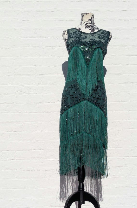 emerald green gatsby dress Vintage 1920s Style Emerald Green Flapper Dress UK 6–8 Gatsby Fringe Sequin  Dress