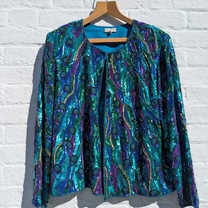 Vintage Past Times Peacock Sequin Jacket – UK 14–16 –  Blue Beaded Evening Party Jacket