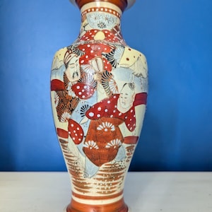 Vintage Japanese Satsuma Ware Vase – Hand-Painted Earthenware with Figural Design & Signed Base – 12” Tall