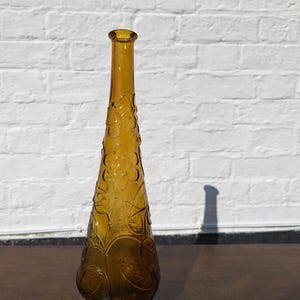 Vintage Amber Empoli Genie Bottle with Stopper | Italian Mid-Century Glass | Embossed Flowers & Butterflies