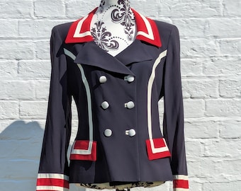 Vintage Italian Navy Blazer: Military-Inspired Red & White Trim (UK 10-12)