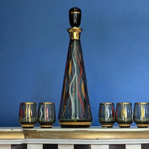 Vintage Czech Glass Liqueur Set: Hand-Painted Decanter & Glasses