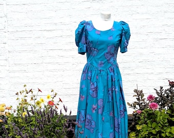 1980s Laura Ashley Floral Cotton Midi Dress | Puff Sleeve, V-Back | UK 12