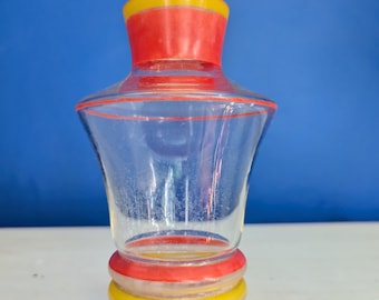 Vintage Art Deco Glass Decanter – Hand-Painted Red & Yellow Accents – 7.5” Tall with Stopper