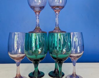 Vintage Libbey Wine Glasses: Pale Pink & Teal Mixed Set