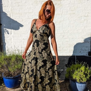 1980s Vintage Gold Floral Evening Gown: Black Embroidered Maxi Dress (UK 8-12)