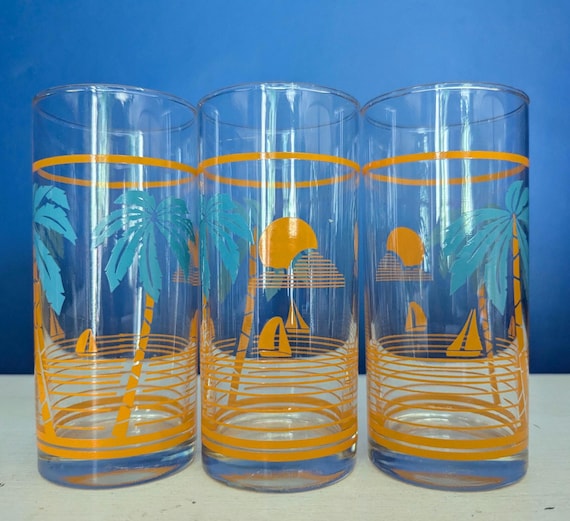 3 Vintage 1970s Rayware Palm Tree Tumblers: Retro Barware Set