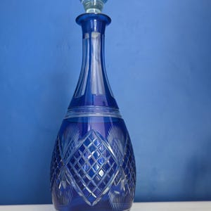 Bohemian Cobalt Blue Crystal Decanter: Mid-Century Czech Cut Glass