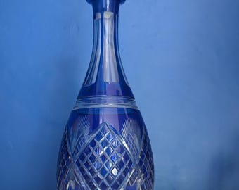 Bohemian Cobalt Blue Crystal Decanter: Mid-Century Czech Cut Glass