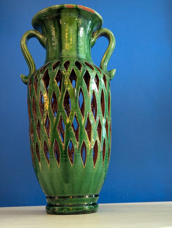 Vintage spanische Keramik Vase: Grün glasierte retikulierte Keramik, Gongora Ubeda