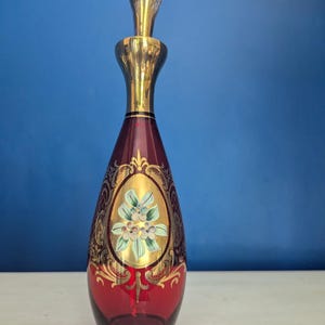 Vintage Ruby Red Bohemian Glass Decanter with Stopper – Hand Gilded & Enamel Floral Design