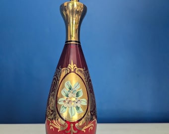Vintage Ruby Red Bohemian Glass Decanter with Stopper – Hand Gilded & Enamel Floral Design