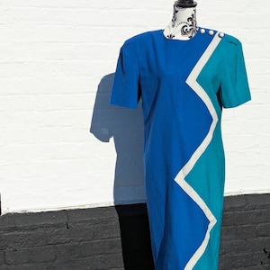 Vestido vintage de los 80 con bloques de color: Leslie Fay azul verdoso, talla 10-12 del Reino Unido