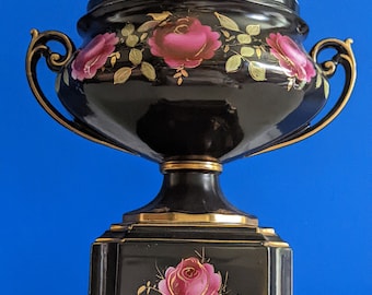 Große antike schwere Keramikvase aus dem 19.Jh mit handbemalten Rosen