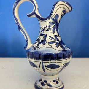 Hand-Painted Alcobaça Pottery Jug: Vintage Blue & White Ceramic Pitcher