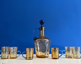 Antique French Liquor Set: Handblown Amber Glass, Cristallerie de Portieux
