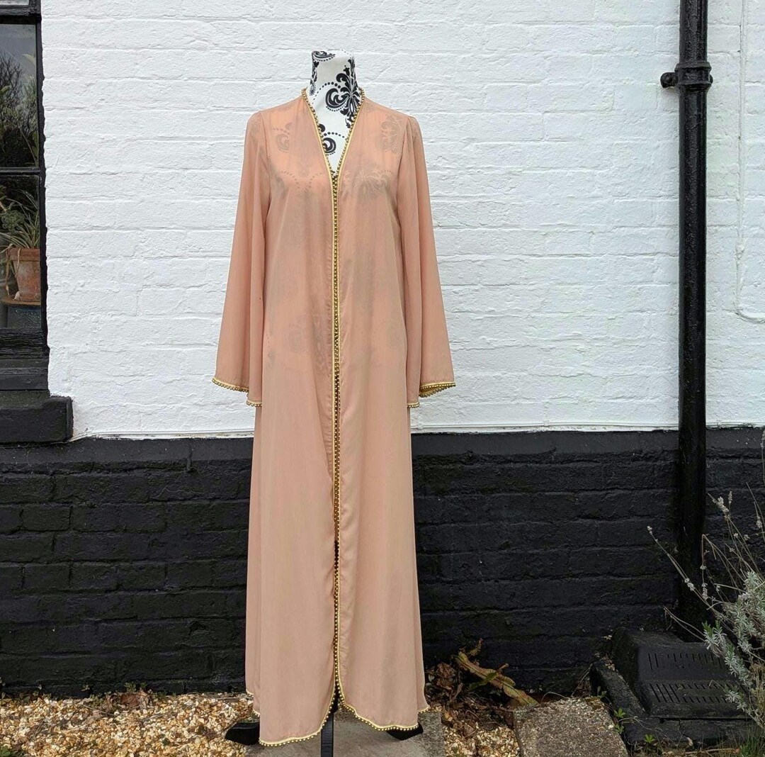 Vintage 70s Coral Peach Duster Robe: Gold Beaded Trim, Sheer Layer - Etsy