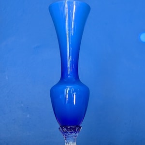 Mid-Century Cobalt Blue Bud Vase: Hand-Blown Glass with Clear Stem