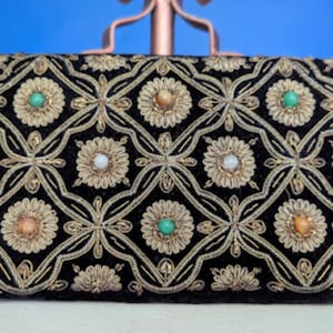 Antique Zardozi Clutch: Vintage Black Velvet Evening Bag with Stones