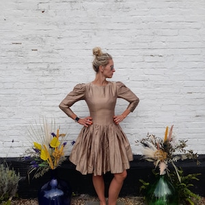 Vintage 80s Gold Fit & Flare Party Dress | Puff Sleeves And Soft Large Pleated Skirt | UK 8 / Small