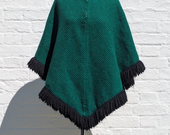Vintage 1960s 1970s Emerald Green Wool Poncho Cape With Black Wool Fringing