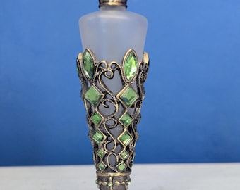 Tapón de perfume de latón con cristal esmerilado de estilo vintage / Estuche con incrustaciones de joyas estilo Art Nouveau Deco