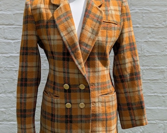 Vintage Orange Tartan Blazer – 1980s Wool Blend Gold Button Jacket