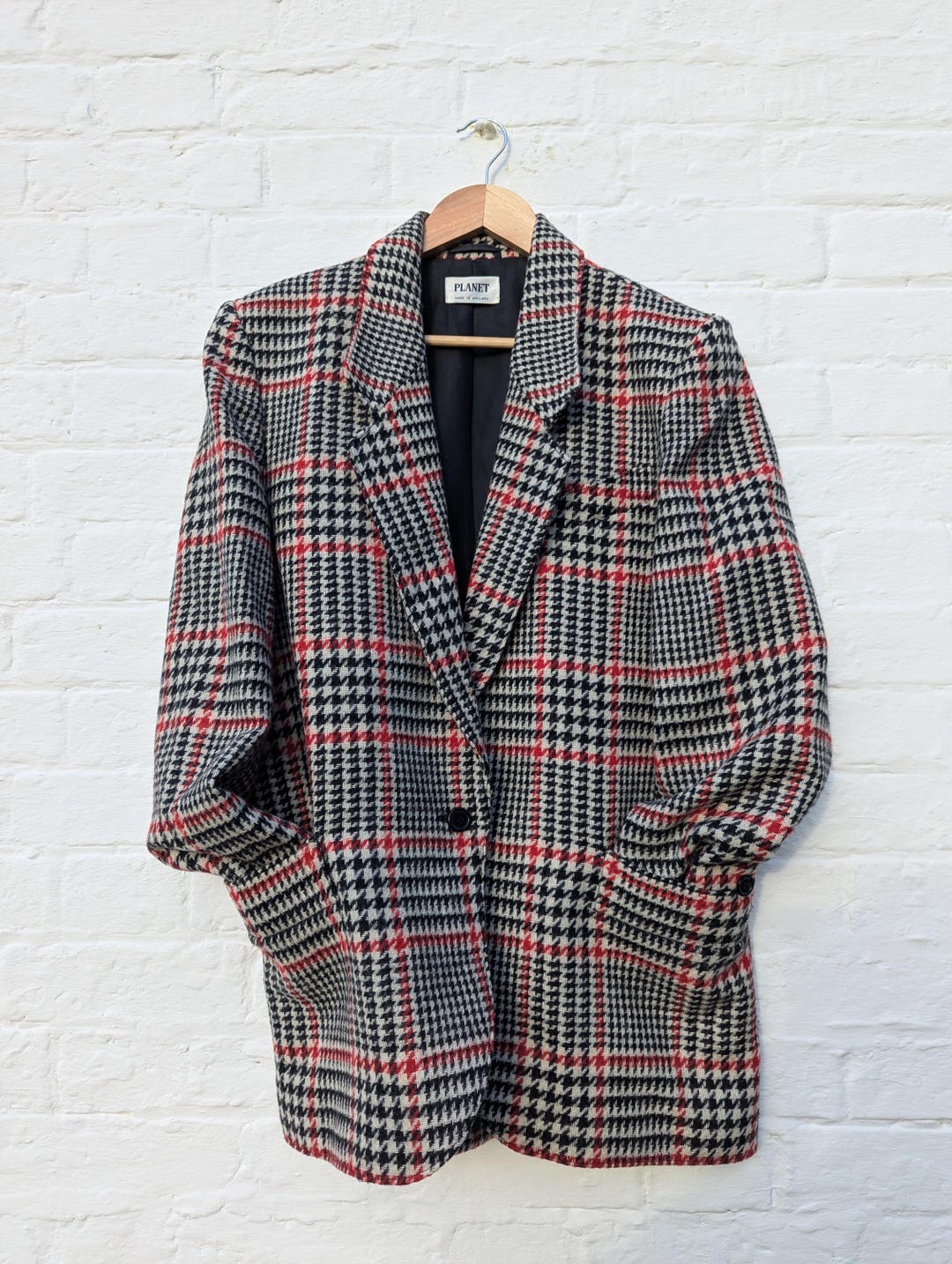 Vintage Planet Wool Houndstooth Blazer – Red Black Plaid Tailored