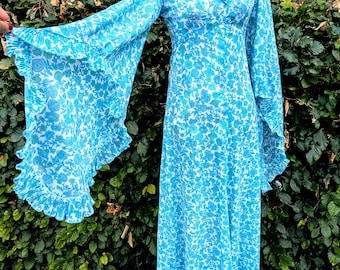Rare 1970s Handmade Maxi Dress | Cornflower Blue Floral Angel Sleeve Dress (Size 6-8)