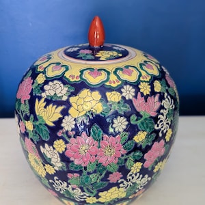 Vintage 1980s Blue Floral Ginger Jar: Oriental Ceramic Vase