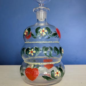 Vintage Hand-Painted Scandinavian Glass Decanter with Stopper – Floral & Heart Motif