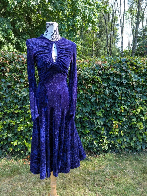 Vintage 80s Electric Blue Velvet Dress – Keyhole Neckline - Low Back Midi Dress - UK 6-8