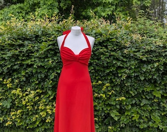 Vintage 1970s Red Halterneck Maxi Dress | UK 8-10 Evening Gown