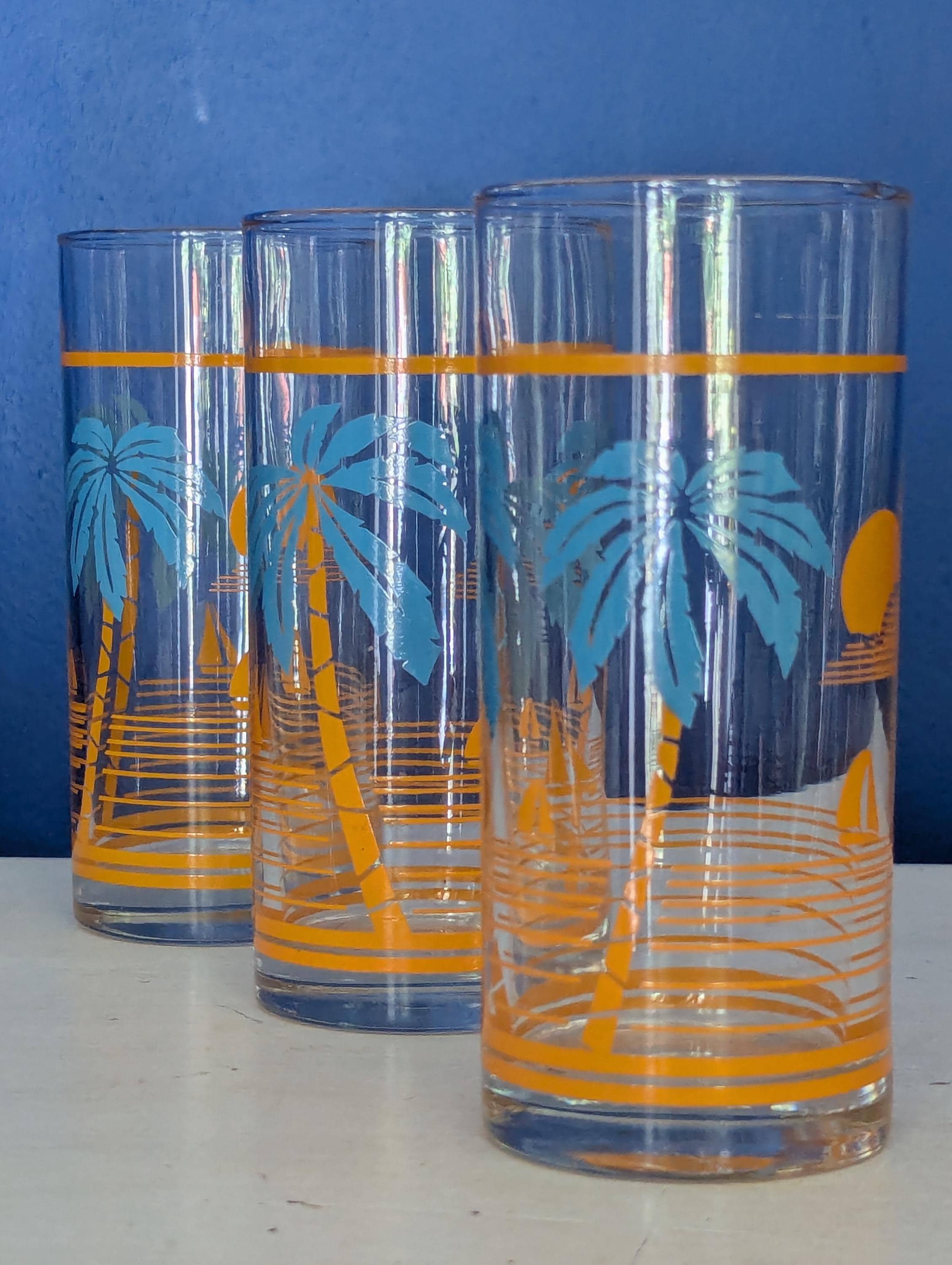 Rayware Glass 3 Vintage 1970s Rayware Palm Tree Tumblers: Retro Barware Set - Etsy