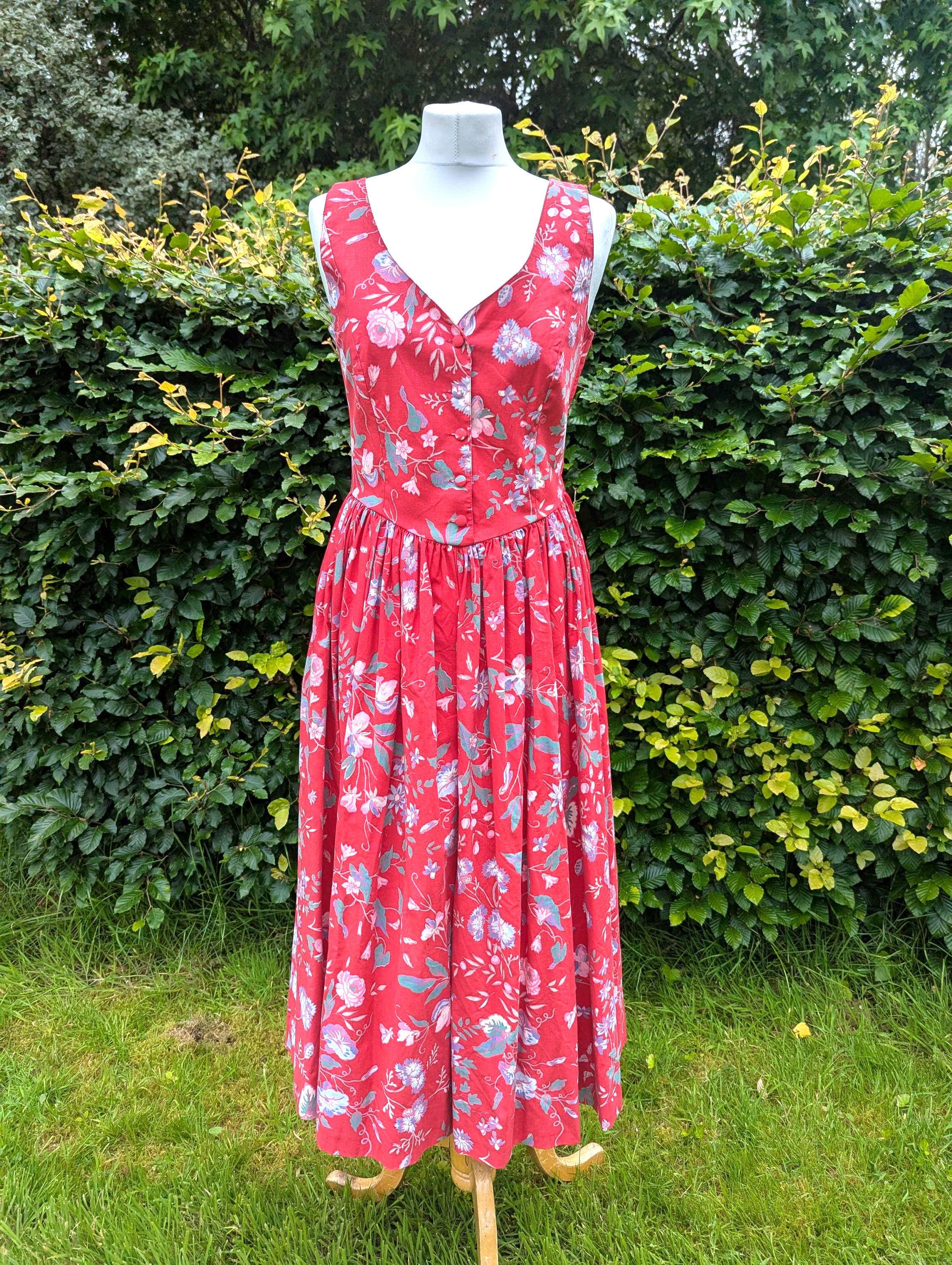 Vintage Laura Ashley Red Floral Cotton Midi Dress (UK 8-10) - Etsy